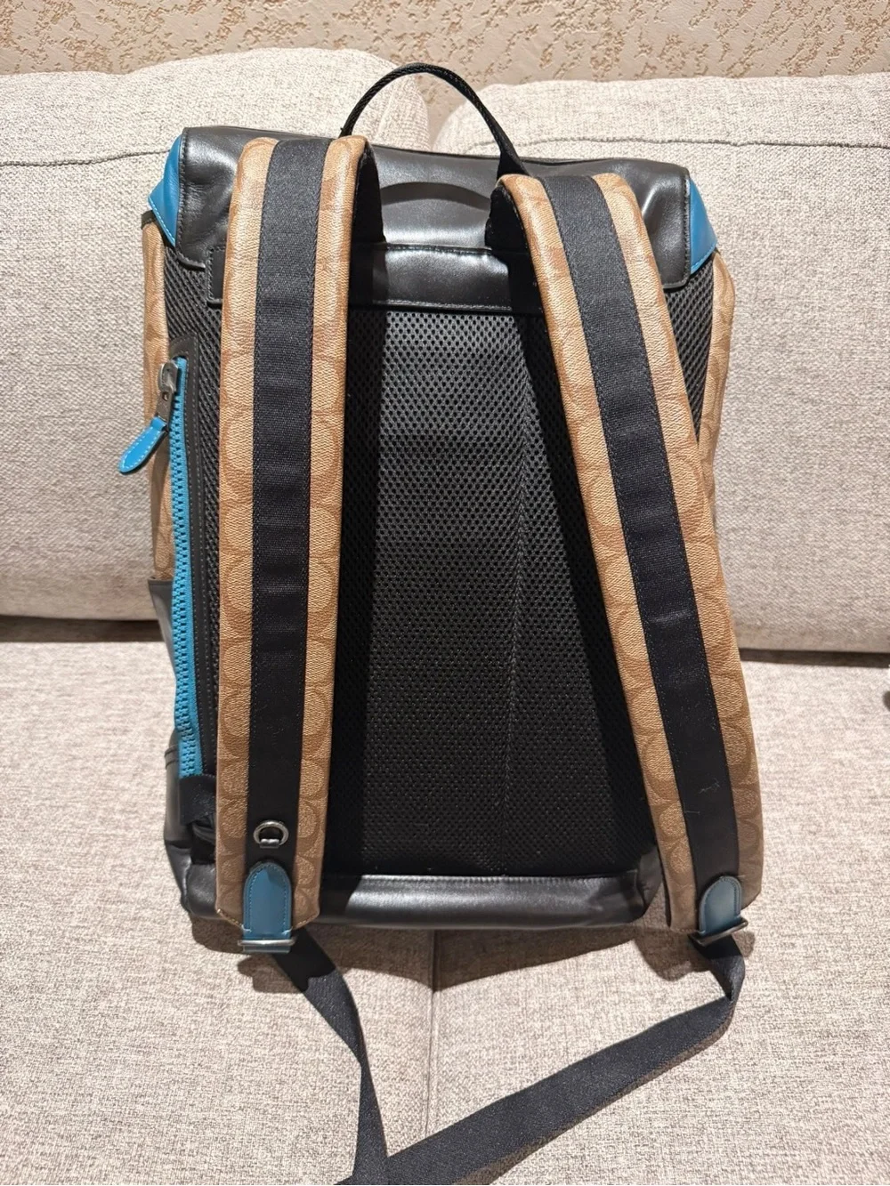 Coach Men’s Brown Signature Canvas Backpack with Blue Trim & Black Flap